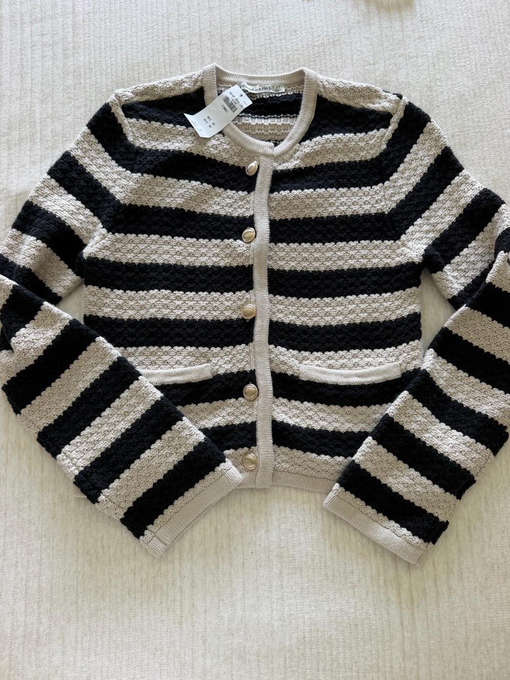 Abercrombie & Fitch Black and Cream Striped Knit Cardigan Sweater, XS